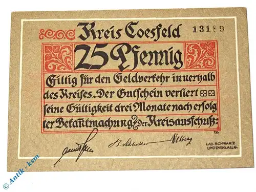 Notgeld Coesfeld , 25 Pfennig Schein , Wellenbündel , Tieste 1185.05.05 , Westfalen Verkehrsausgabe