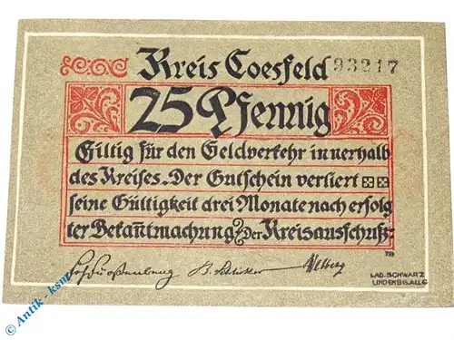 Notgeld Coesfeld , 25 Pfennig Schein , Wellenbündel , Tieste 1185.05.01 , Westfalen Verkehrsausgabe