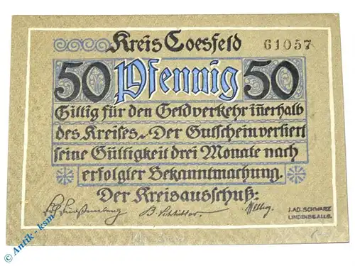 Notgeld Coesfeld , 50 Pfennig Schein , Wellenbündel , Tieste 1185.05.02 , Westfalen Verkehrsausgabe