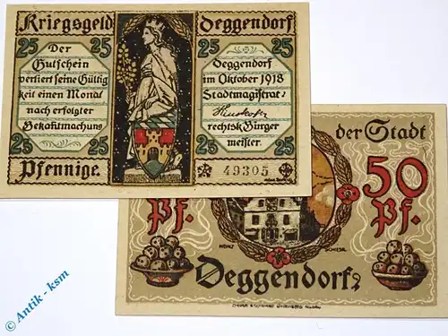 Notgeld Deggendorf , Set mit 2 Scheinen bräunlich , Tieste 1315.25.01 und 02 , von 1918 , Bayern Verkehrsausgabe