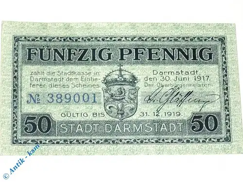 Notgeld Darmstadt , 50 Pfennig Schein Kn blau , Tieste 1300.15.05 , von 1917 , Hessen Verkehrsausgabe