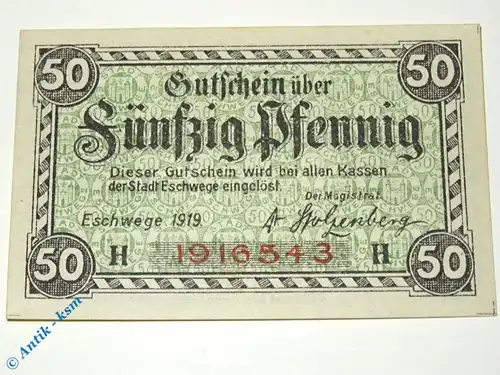 Notgeld Eschwege , 50 Pfennig Schein , H , Tieste 1785.05.20 , von 1919 , Hessen Verkehrsausgabe