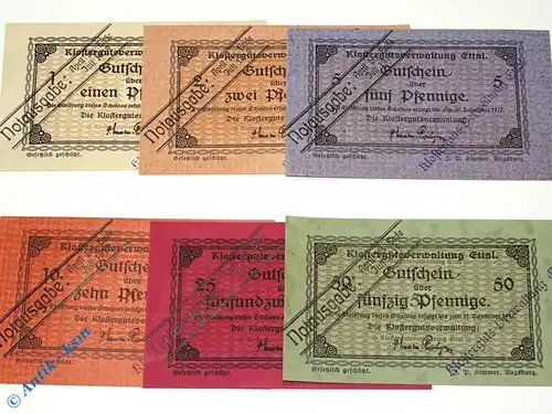 Notgeld Ettal , Set mit 6 Scheinen , Tieste 1810.05.60 bis 65 , von 1919 , Bayern Verkehrsausgabe