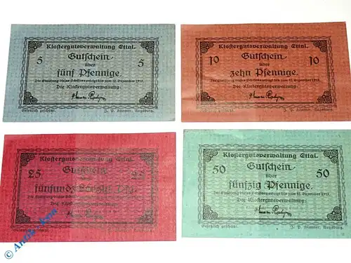 Notgeld Ettal , Satz mit 4 Scheinen , Tieste 1810.05.35 bis 38 , Bayern Verkehrsausgabe