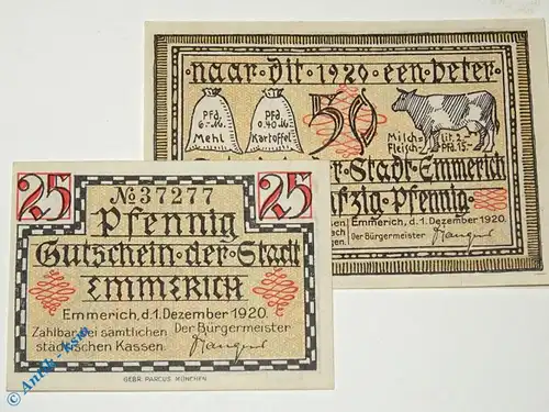 Notgeld Emmerich , Set mit 2 Scheinen , Tieste 1710.05.15 und 16 , von 1920 , Rheinland Verkehrsausgabe