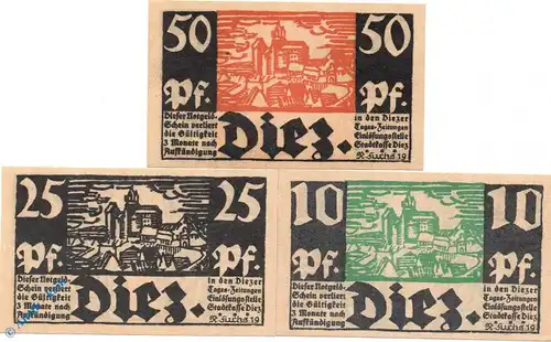 Notgeld Diez , Set mit 3 Scheinen , Tieste 1375.05.20 bis 22 , von 1919 , Hessen Verkehrsausgabe