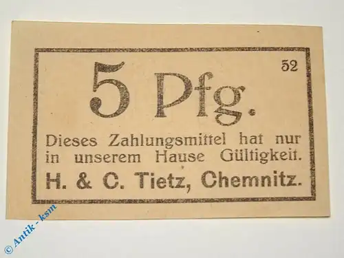 Notgeld Chemnitz , Tietz , 5 Pfennig Schein rund , Tieste 1135.60.35 , Sachsen Verkehrsausgabe