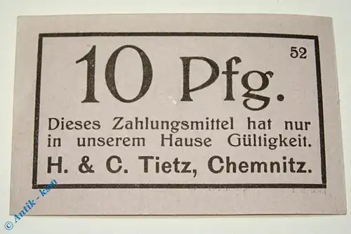 Notgeld Chemnitz , Tietz , 10 Pfennig Schein , Tieste 1135.60.40 , Sachsen Verkehrsausgabe