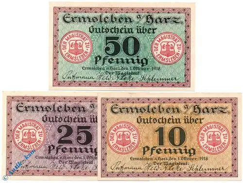 Notgeld Ermsleben , Set mit 3 Scheinen , Tieste 1775.05.01 bis 03 , von 1918 , Sachsen Verkehrsausgabe