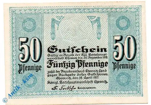 Notgeld Chemnitz , 50 Pfennig Schein , Tieste 1135.05.02 , von 1917 , Sachsen Verkehrsausgabe