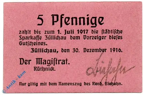 Notgeld Züllichau , 5 Pfennig Schein , Tieste 8280.10.01 , von 1916 , Brandenburg Verkehrsausgabe