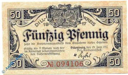 Notgeld Dillenburg , 50 Pfennig Schein , Tieste 1380.05.01 , von 1917 , Hessen Verkehrsausgabe