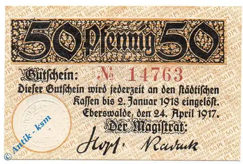 Notgeld Eberswalde , 50 Pfennig Schein bis 1918 , Tieste 1570.05.01 , von 1917 , Brandenburg Verkehrsausgabe