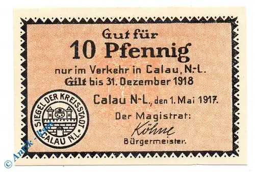 Notgeld Calau , 10 Pfennig Schein , Tieste 1060.10.01 , von 1917 , Brandenburg Verkehrsausgabe