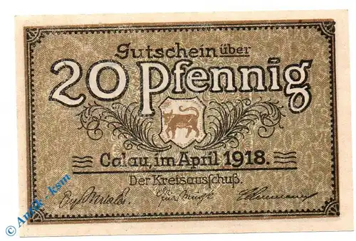 Notgeld Calau , 20 Pfennig Schein , Tieste 1060.05.03 , von 1918 , Brandenburg Verkehrsausgabe