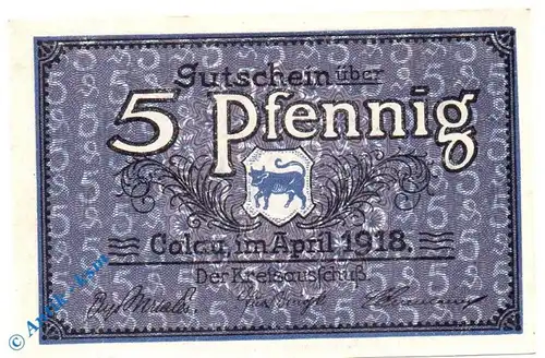 Notgeld Calau , 5 Pfennig Schein , Tieste 1060.05.01 , von 1918 , Brandenburg Verkehrsausgabe
