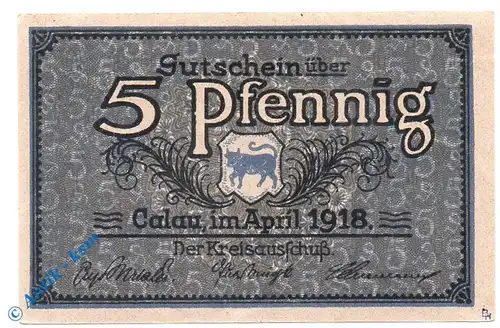 Notgeld Calau , 5 Pfennig Schein , Tieste 1060.05.10 , von 1918 , Brandenburg Verkehrsausgabe