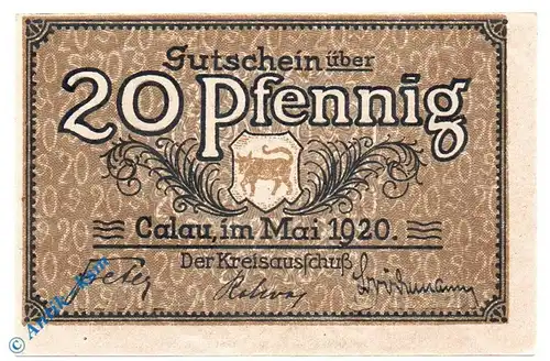 Notgeld Calau , 20 Pfennig Schein , Tieste 1060.05.17 , von 1920 , Brandenburg Verkehrsausgabe