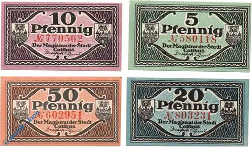 Notgeld Cottbus , Set mit 4 Scheinen , Tieste 1210.25.25 bis 28 , von 1921 , Brandenburg Verkehrsausgabe