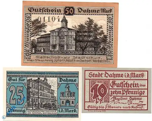 Notgeld Dahme , Set mit 3 Scheinen , Tieste 1275.05.01 bis 03 , von 1920 , Brandenburg Verkehrsausgabe