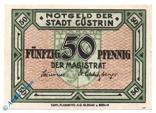 Notgeld Cüstrin , 50 Pfennig Musterschein , Unikat ? , Tieste 1240.05.15.M ? , von 1919 , Brandenburg Verkehrsausgabe