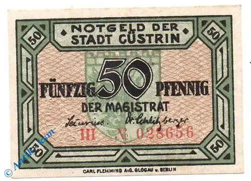 Notgeld Cüstrin , 50 Pfennig Schein , Fehldruck / Unikat ? , Tieste 1240.05.15 , von 1919 , Brandenburg Verkehrsausgabe