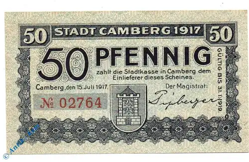 Notgeld Camberg , 50 Pfennig Schein - 31.01.1919 , Tieste 1075.05.01 , von 1917 , Hessen Verkehrsausgabe