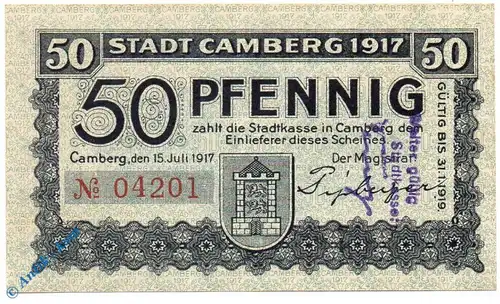 Notgeld Camberg , 50 Pfennig Schein mit Verlängerungsstempel , Tieste 1075.05.05 , von 1917 , Hessen Verkehrsausgabe