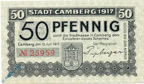Notgeld Camberg , 50 Pfennig Schein - Aufruf , Tieste 1075.05.10 , von 1917 , Hessen Verkehrsausgabe