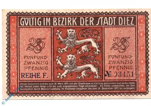 Notgeld Diez , 25 Pfennig Schein mit Signatur , Tieste 1375.05.11 , von 1917 , Hessen Verkehrsausgabe