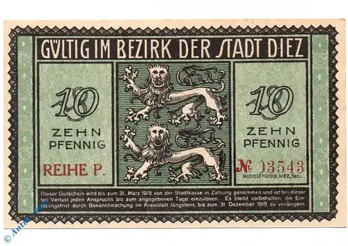 Notgeld Diez , 10 Pfennig Schein mit Signatur , Tieste 1375.05.10 , von 1917 , Hessen Verkehrsausgabe