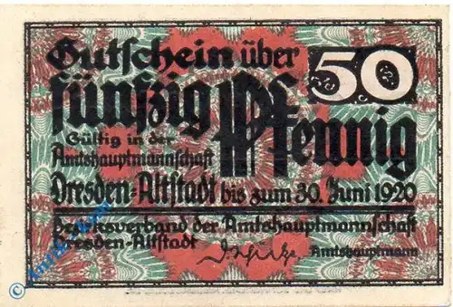 Notgeld Dresden Altstadt , 50 Pfennig Schein , Tieste 1480.30.06 , von 1920 , Sachsen Verkehrsausgabe