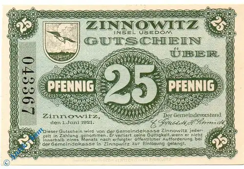 Notgeld Zinnowitz , 25 Pfennig Schein , 2. Aufl , Tieste 8225.05.05 , von 1921 , Pommern Verkehrsausgabe