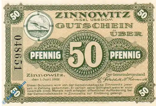 Notgeld Zinnowitz , 50 Pfennig Schein , 2. Aufl , Tieste 8225.05.06 , von 1921 , Pommern Verkehrsausgabe