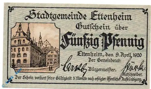 Notgeld Ettenheim , 50 Pfennig Schein , Tieste 1815.05.30 , von 1920 , Baden Verkehrsausgabe