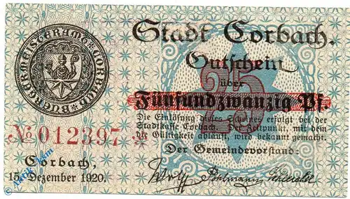 Notgeld Corbach , 25 Pfennig Schein , o. Drfa , Tieste 1200.05.25 , von 1920 , Hessen Verkehrsausgabe