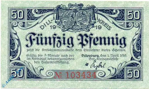 Notgeld Dillenburg , 50 Pfennig Schein , Tieste 1380.05.05 , von 1919 , Hessen Verkehrsausgabe