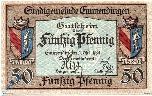Notgeld Emmendingen , 50 Pfennig Schein , Tieste 1705.05.45 , von 1921 , Baden Verkehrsausgabe