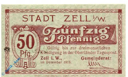 Notgeld Zell , 50 Pfennig Schein , Tieste 8185.05.01 , von 1918 , Baden Verkehrsausgabe