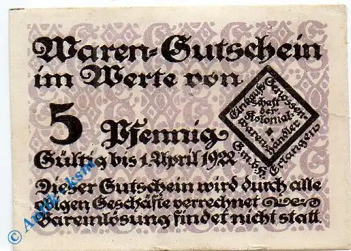 Notgeld Erlangen , Einkaufsgenossenschaft , 5 Pfennig Schein gbr , Tieste 1770.05.01 , Bayern Verkehrsausgabe