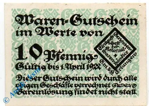 Notgeld Erlangen , Einkaufsgenossenschaft , 10 Pfennig Schein gbr , Tieste 1770.05.02 , Bayern Verkehrsausgabe