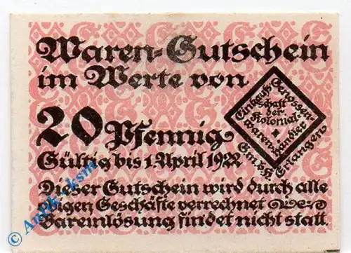Notgeld Erlangen , Einkaufsgenossenschaft , 20 Pfennig Schein kfr , Tieste 1770.05.03 , Bayern Verkehrsausgabe