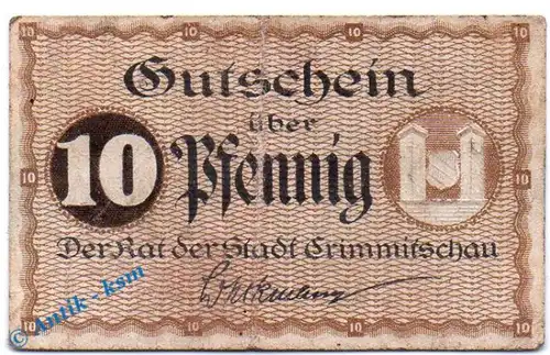 Notgeld Crimmitschau , 10 Pfennig Schein gbr. oWz , Tieste 1230.20.01 , Sachsen Verkehrsausgabe