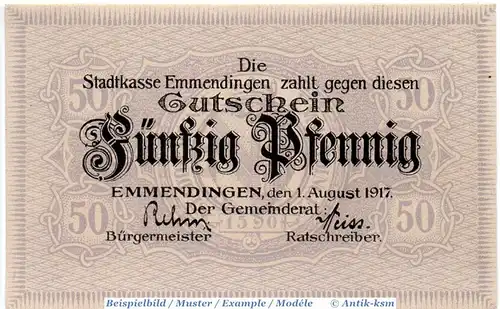Notgeld Emmendingen , 50 Pfennig Schein in kfr. Tieste 1705.05.35 , von 1917 , Baden Verkehrsausgabe