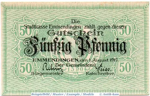 Notgeld Emmendingen , 50 Pfennig Schein in kfr. Tieste 1705.05.32 , von 1917 , Baden Verkehrsausgabe