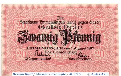 Notgeld Emmendingen , 20 Pfennig Schein in kfr. Tieste 1705.05.22 , von 1917 , Baden Verkehrsausgabe