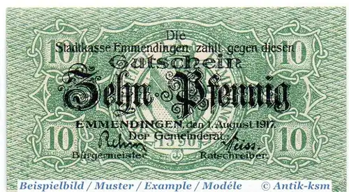 Notgeld Emmendingen , 10 Pfennig Schein in kfr. Tieste 1705.05.21 , von 1917 , Baden Verkehrsausgabe