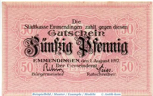 Notgeld Emmendingen , 50 Pfennig Schein in kfr. Tieste 1705.05.28 , von 1917 , Baden Verkehrsausgabe