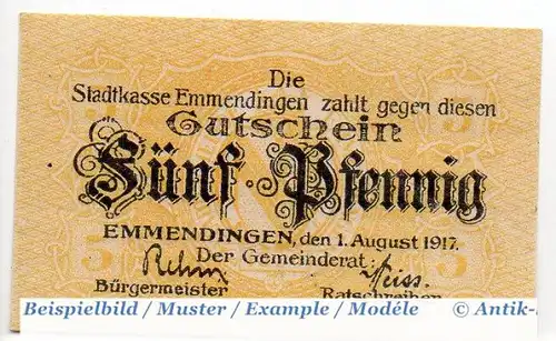 Notgeld Emmendingen , 5 Pfennig Schein in kfr. Tieste 1705.05.20 , von 1917 , Baden Verkehrsausgabe