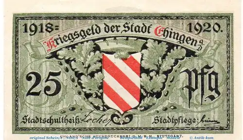 Notgeld Stadt Ehingen a.D.1600.05.01 , 25 Pfennig Schein in kfr. von 1918 , Württemberg Verkehrsausgabe